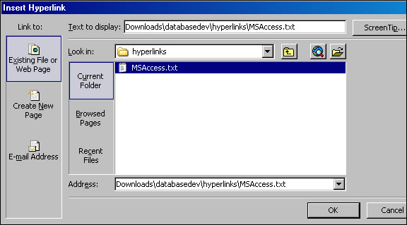 The insert hyperlink dialog box