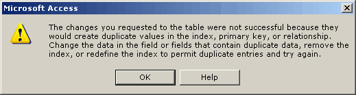 Standard Microsoft Access Error message, when trying to enter a duplicate key value.