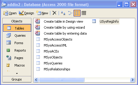 The Add-Ins database, showing the System tables.