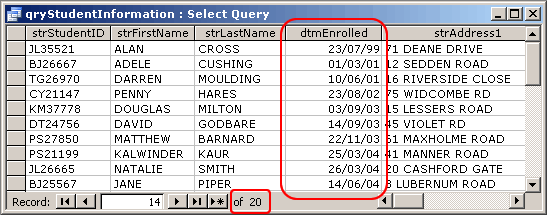 The query datasheet results, with the DateAdd criteria applied.