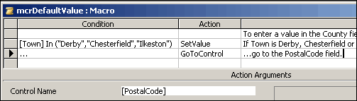 The completed macro, including the SetValue and GoToControl Actions.
