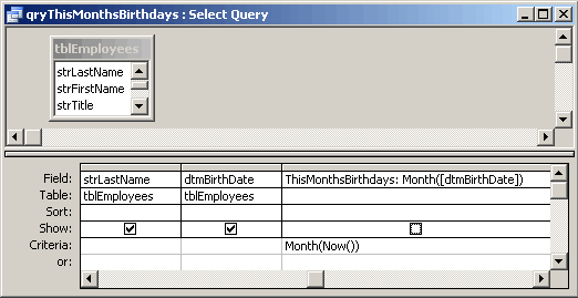 Microsoft Access Query design to query for birthdays in the current Month