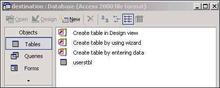 The destination database window.