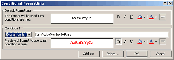 Showing the formatting set up in the Conditional Formatting dialog