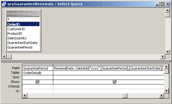 Query design, showing the additional dateadd function column added.