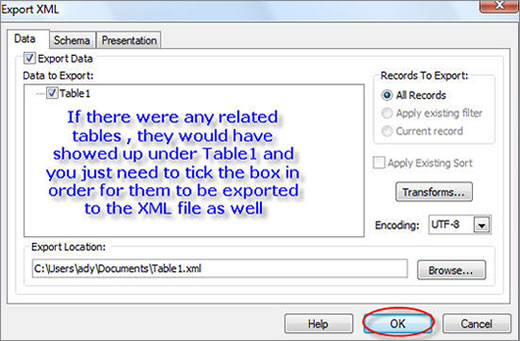 Choose the related tables, if any, to be added to the XML file