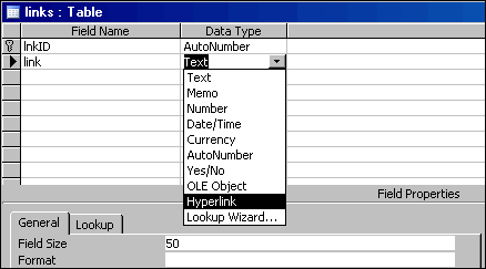 The table in design view, selecting the hyperlink data type