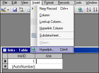 Displaying the Hyperlink menu