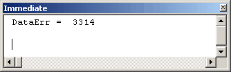 The Immediate window in the visual basic editor displaying the error number