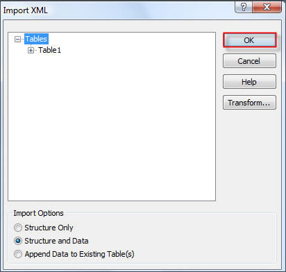 Click OK to import the structure and data of the table