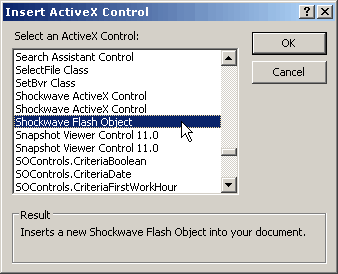 Insert ActiveX dialog box