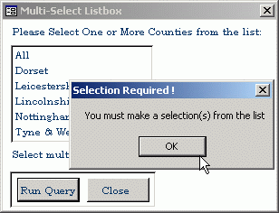 Message Box returned when no item(s) are selected from the list box.
