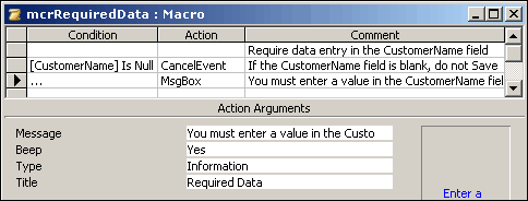 Adding the MsgBox action to the macro design