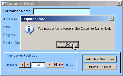 Message box displaying warning message, informing the user of required data entry.