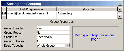 Sorting and Group options