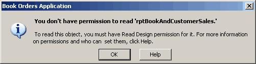 Error message when trying to view the report design without the appropriate permissions.