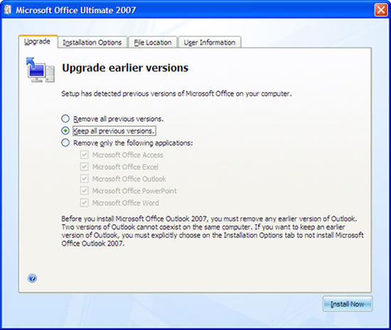 Showing the Upgrade tab in the Office 2007 installation process