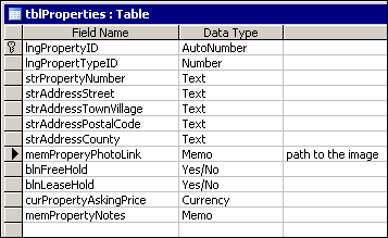 The Property details table, containing the PhotoLink field that stores the path to the image