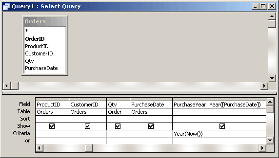 Microsoft Access Query design to query for records in the current Year