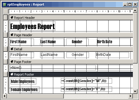 The design of the report, including the two unbound text boxes with the Count and IIf functions.