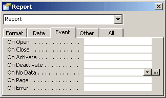The report properties, showing the On No Data event.