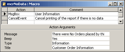The completed macro, which will cancel the printing of a report containing no data.