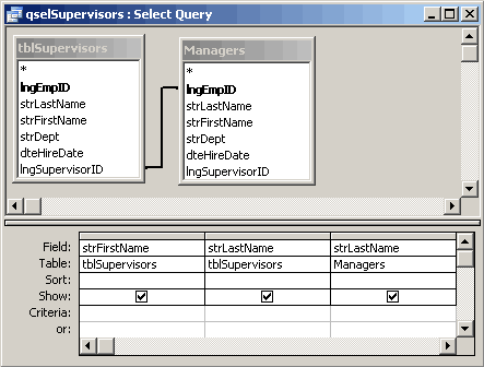Self-Join query design showing selected fields.