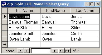 The query results, showing the fields after using the expressions to split the data