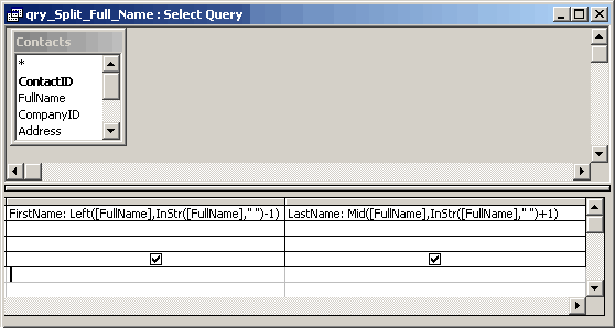 Query design showing expressions to split single field into multiple fields