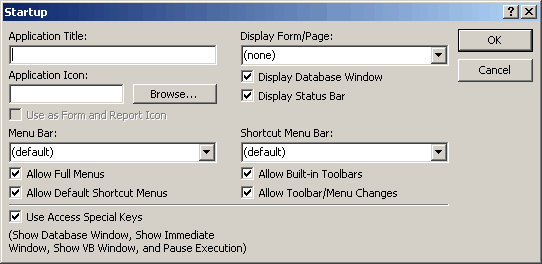 Showing the Startup options dialog box available in Microsoft Access 2000 onwards.