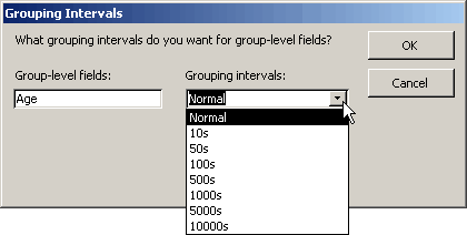 Microsoft Access Report wizard screen, showing the Grouping Intervals available for numeric data.