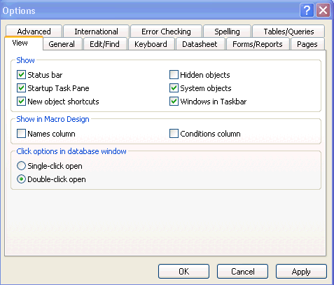Setting options to view the System Tables