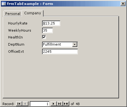 The tab control, once the correct security password has been entered