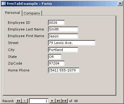 Microsoft Access tab control, consisting of 2 tab pages
