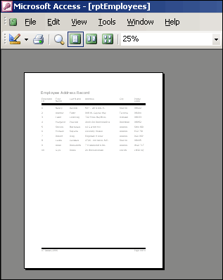Showing the report displaying at 25% of its size in the database window.